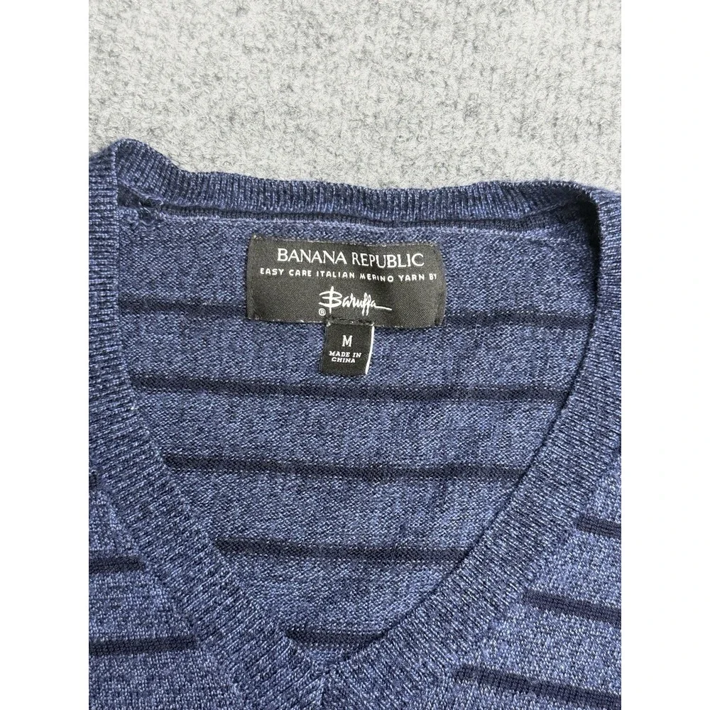 Banana Republic Sweater Men Medium Blue Merino Wool Striped V Neck Navy Baruffa